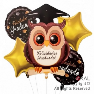 SET DE GLOBOS METALIZADO FELICIDADES GRADUADO BUHO 5 UNIDADES X 1